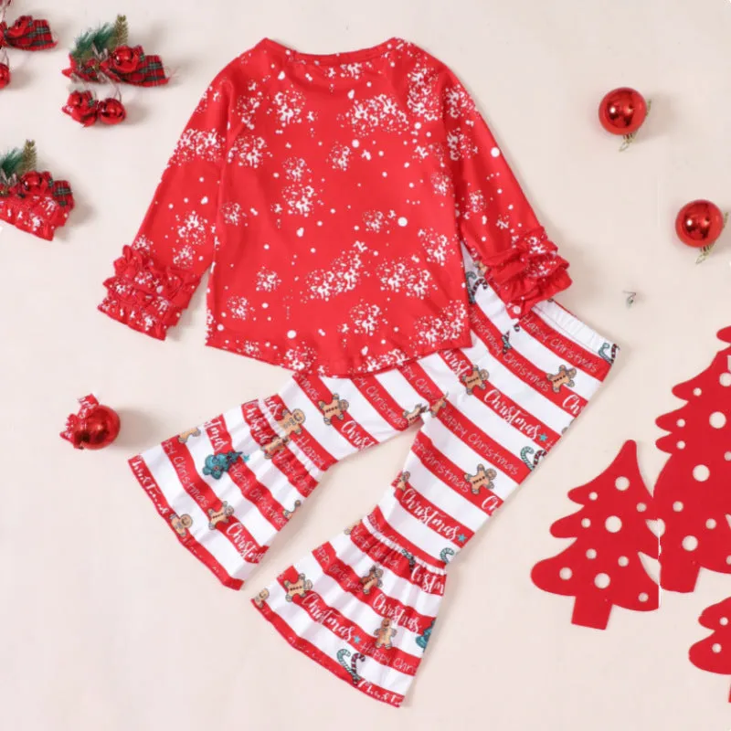 2 Pieces Set Baby Kid Girls Christmas Letters Cartoon Print Tops And Striped Pants Wholesale 23101531