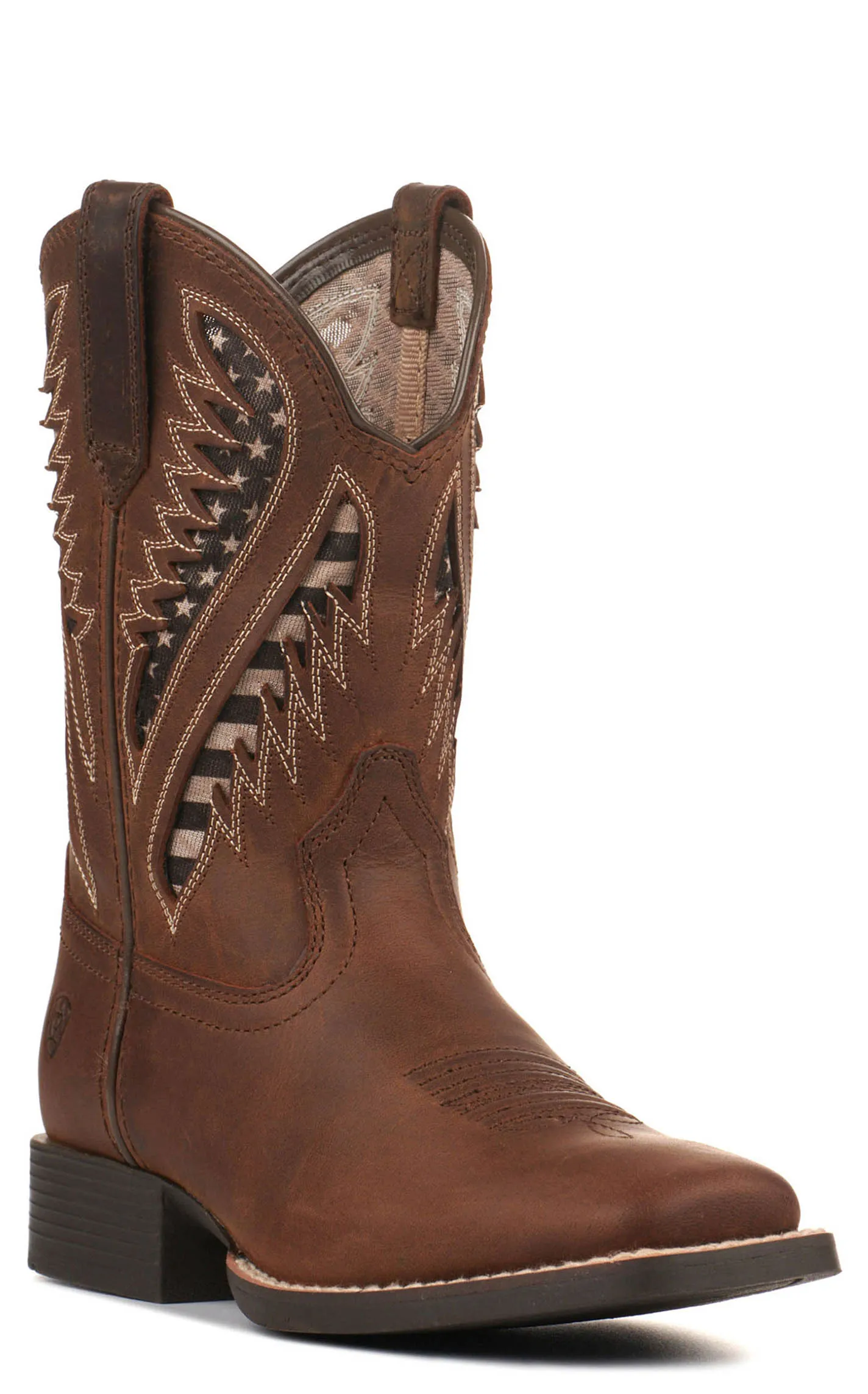 Ariat Kids Quickdraw Distressed Brown with Flag VentTEK Wide Square Toe Cowboy Boots