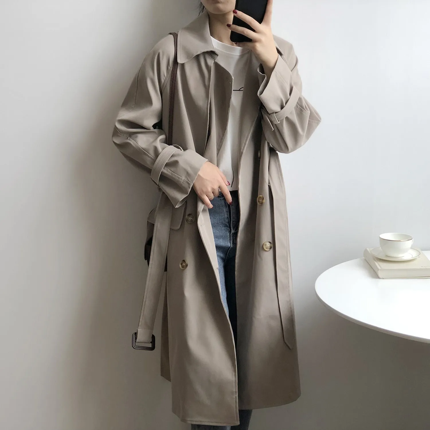 Autumn Trench Classic Casual Belt Coat Women Trench Chic Double Breasted Loose Long Trench Outwear