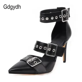 Black Punk Gothic High Heels Sexy Plus Size Pointed Toe Fashion Buckle Rivet Women Pumps Wedding Shoes Stiletto Heels New