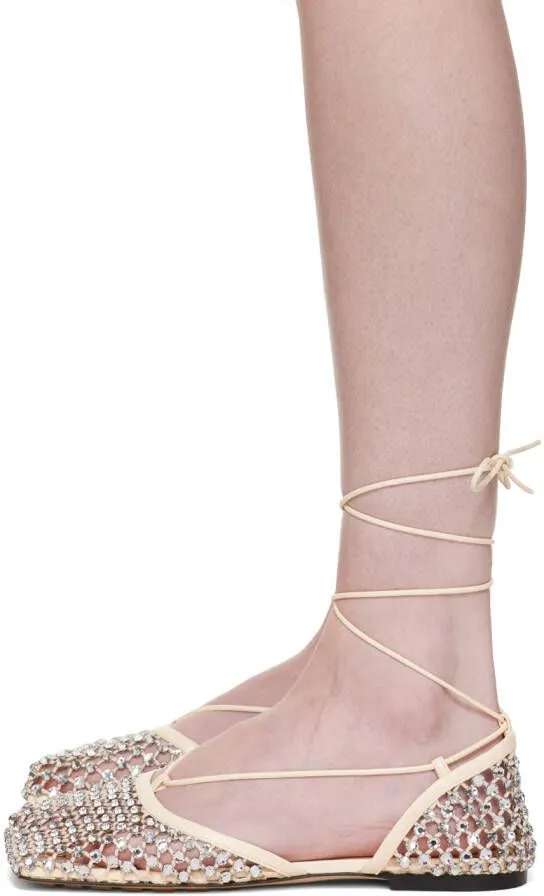 Bottega Veneta Off-White Sparkle Stretch Lace-Up Flat Sandals