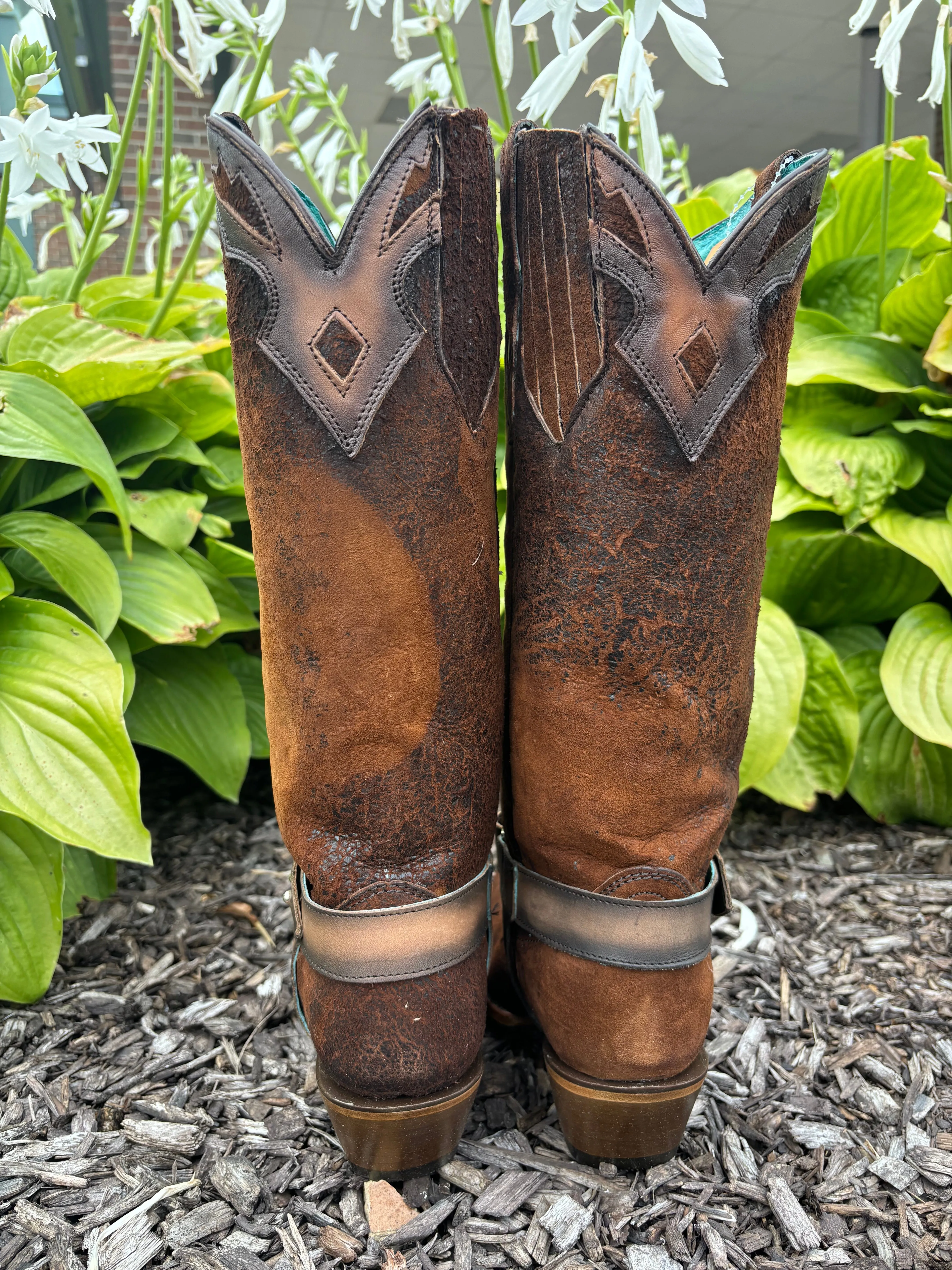 Corral Women's Dark Brown Lamb Embroidery Overlay & Harness Snip Toe Cowgirl Boots F1369