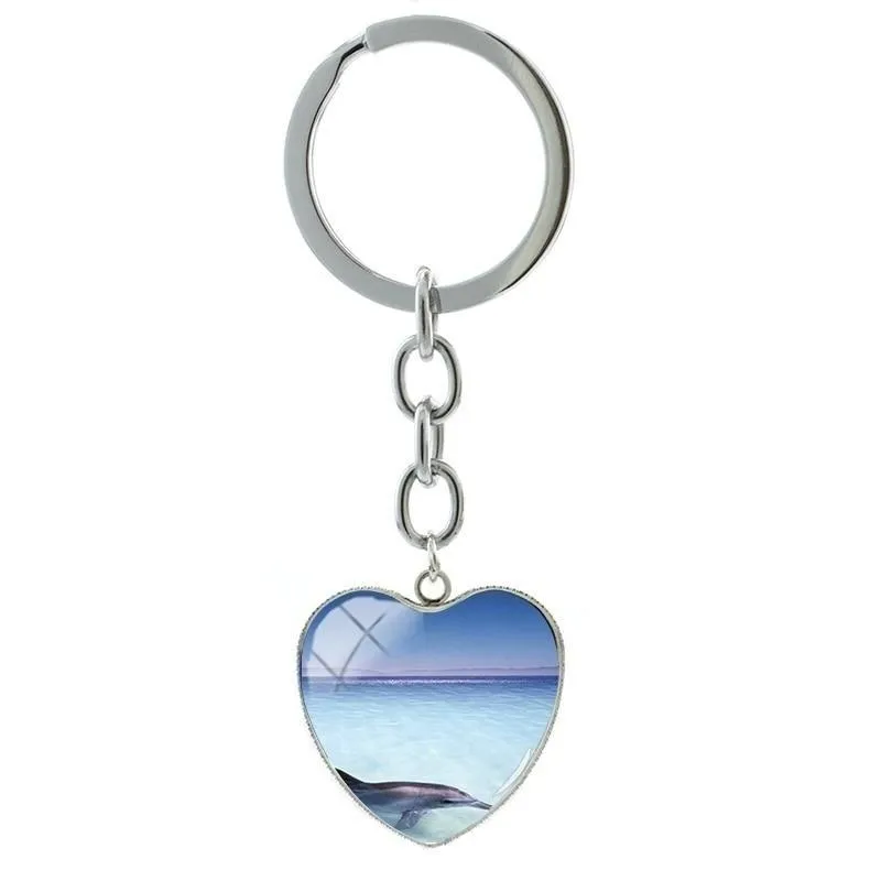 Cute Dolphin Deep-sea Art Glass Cabochon Dome Heart Pendant Keychain