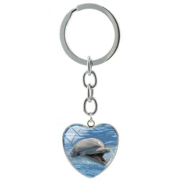 Cute Dolphin Deep-sea Art Glass Cabochon Dome Heart Pendant Keychain