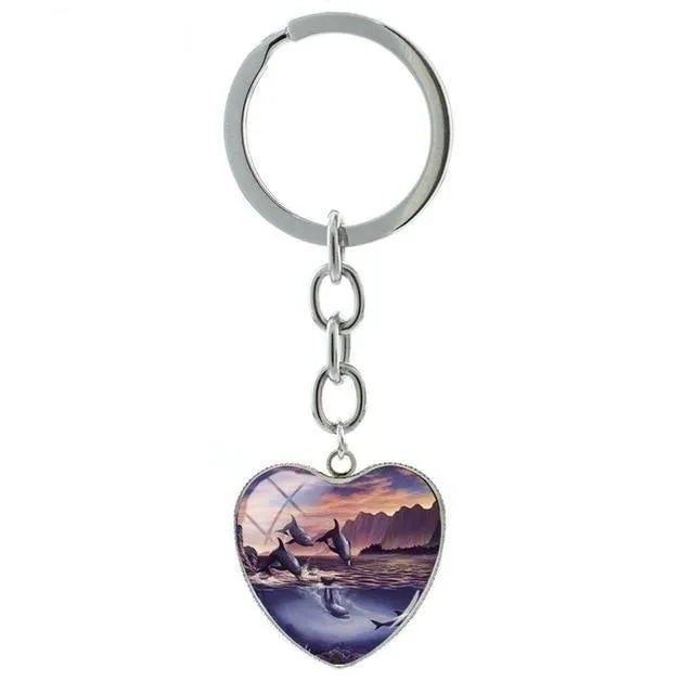 Cute Dolphin Deep-sea Art Glass Cabochon Dome Heart Pendant Keychain