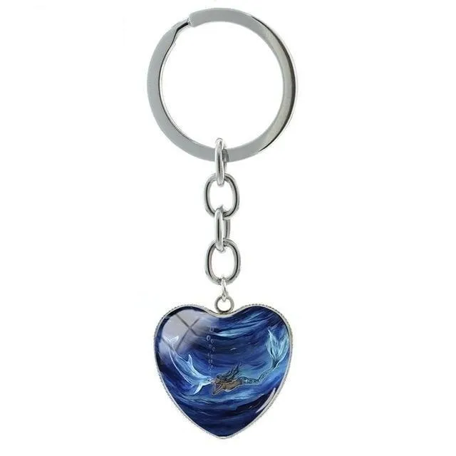 Cute Dolphin Deep-sea Art Glass Cabochon Dome Heart Pendant Keychain