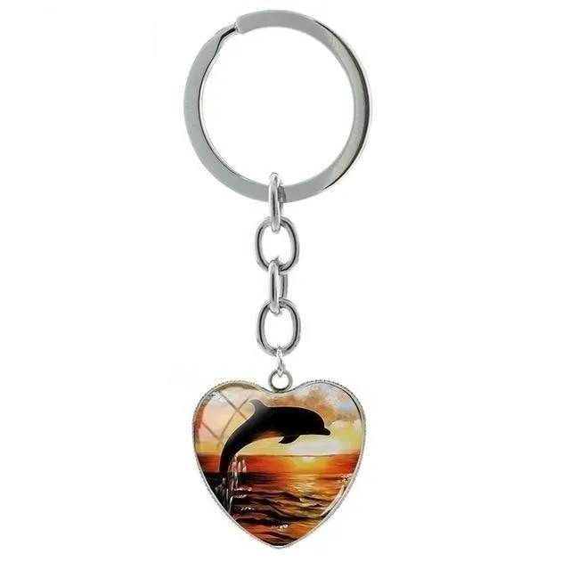 Cute Dolphin Deep-sea Art Glass Cabochon Dome Heart Pendant Keychain