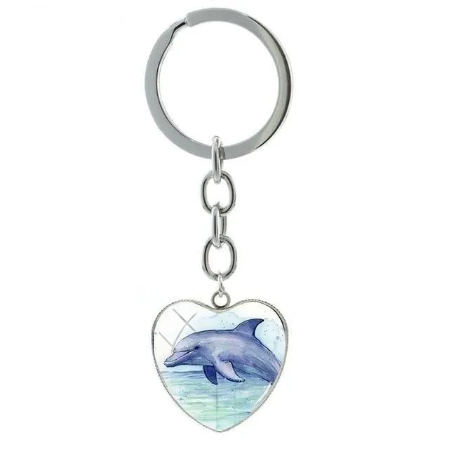 Cute Dolphin Deep-sea Art Glass Cabochon Dome Heart Pendant Keychain