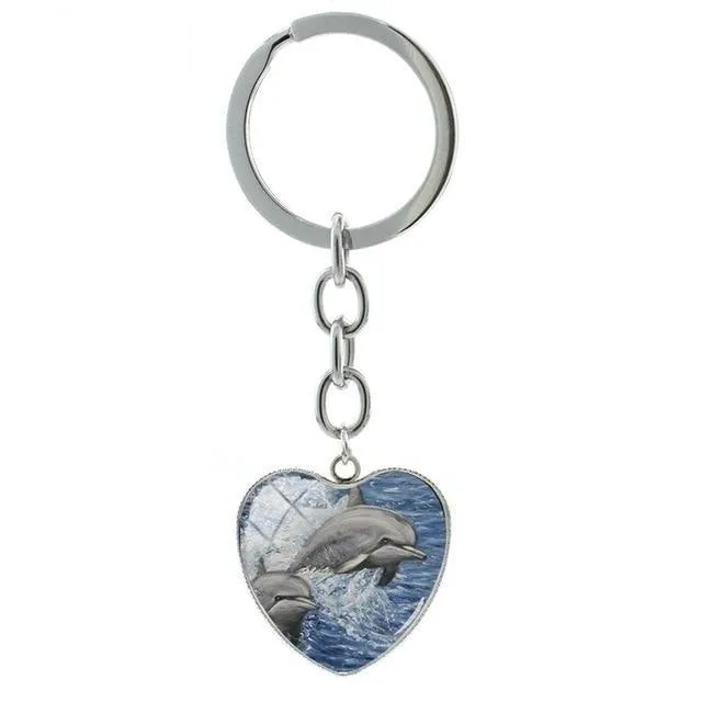 Cute Dolphin Deep-sea Art Glass Cabochon Dome Heart Pendant Keychain