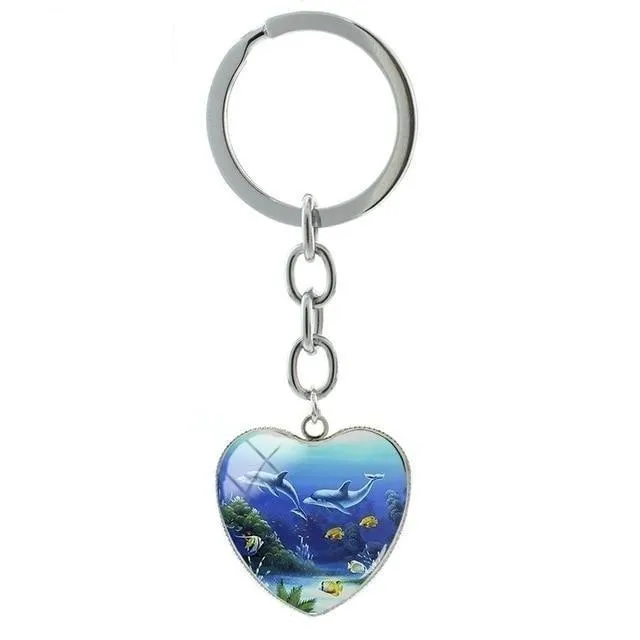 Cute Dolphin Deep-sea Art Glass Cabochon Dome Heart Pendant Keychain