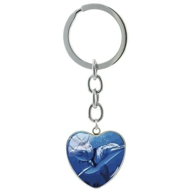 Cute Dolphin Deep-sea Art Glass Cabochon Dome Heart Pendant Keychain