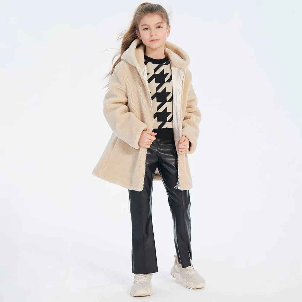 Girls Beige Teddy Fleece Hooded Coat