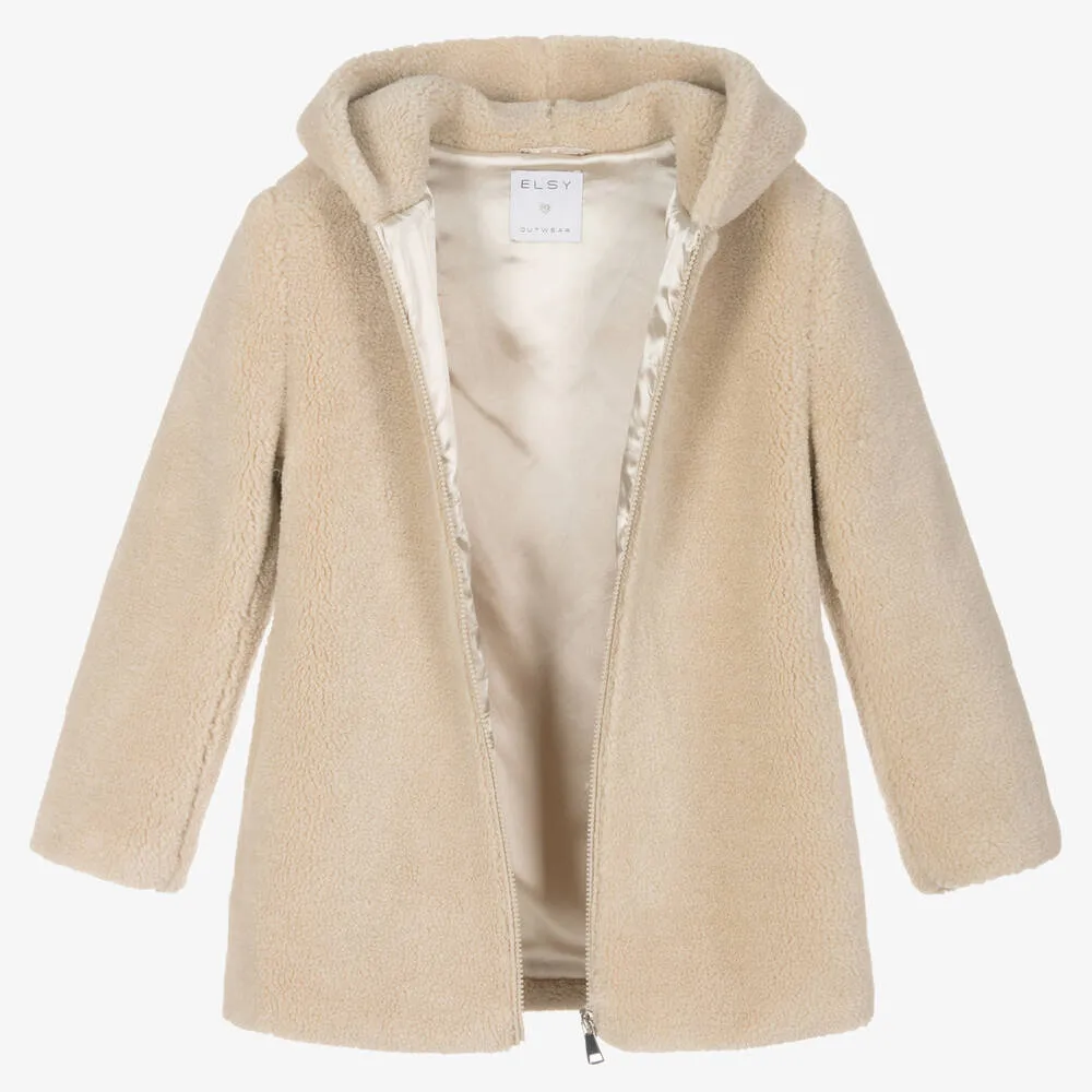 Girls Beige Teddy Fleece Hooded Coat