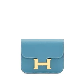 Hermès Blue Jean Evercolor Constance Slim Wallet Gold Hardware, 2023