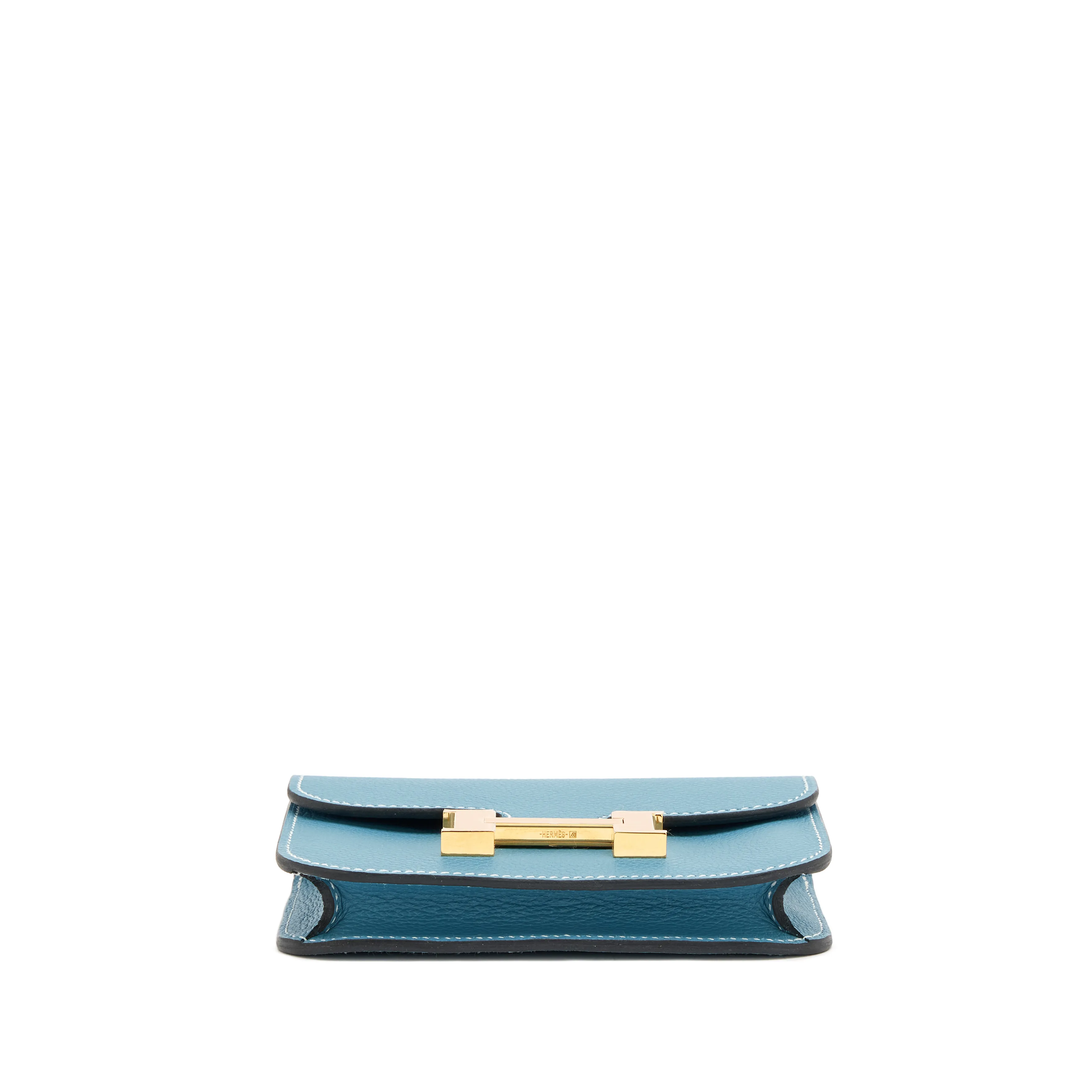 Hermès Blue Jean Evercolor Constance Slim Wallet Gold Hardware, 2023