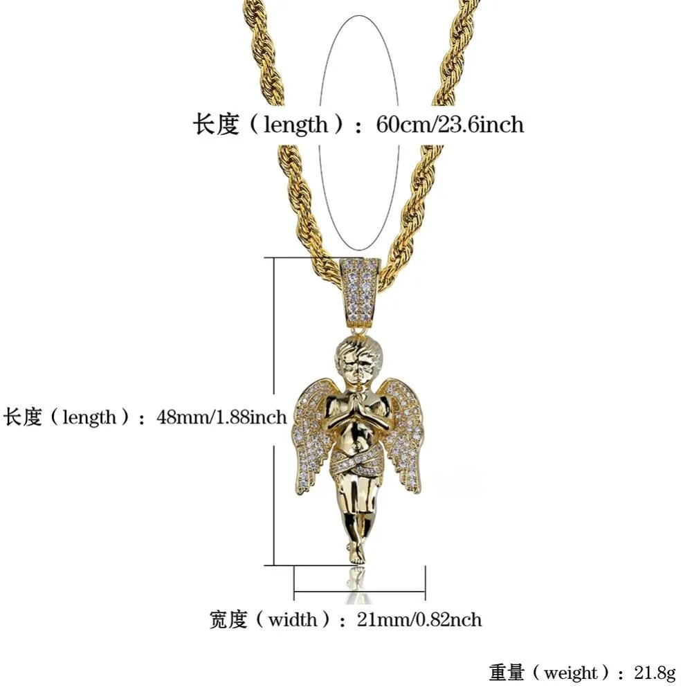 Hip Hop Unisex Gold Plated Micro Pave Iced Out CZ Angel Pendant Necklace