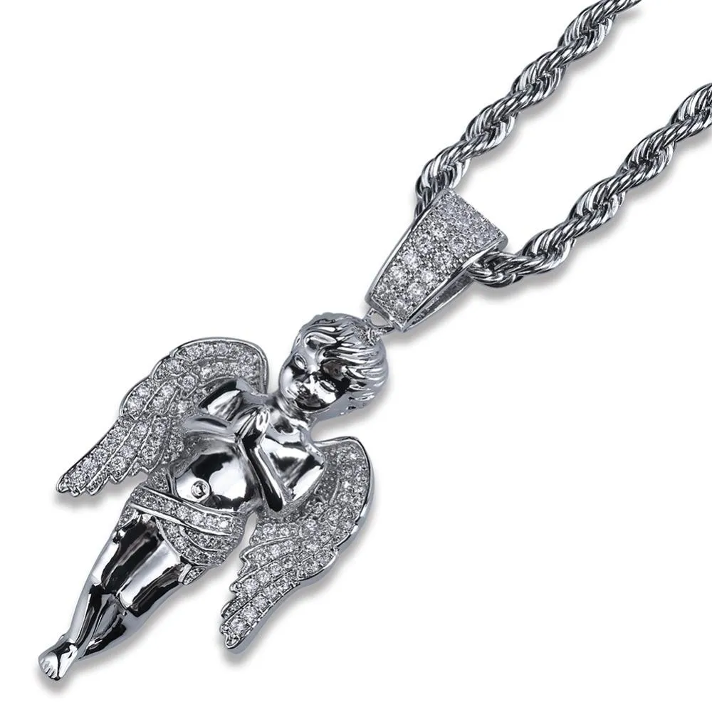 Hip Hop Unisex Gold Plated Micro Pave Iced Out CZ Angel Pendant Necklace