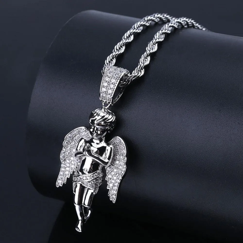 Hip Hop Unisex Gold Plated Micro Pave Iced Out CZ Angel Pendant Necklace