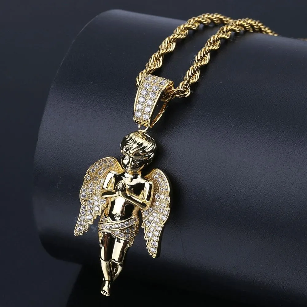 Hip Hop Unisex Gold Plated Micro Pave Iced Out CZ Angel Pendant Necklace