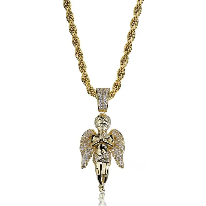 Hip Hop Unisex Gold Plated Micro Pave Iced Out CZ Angel Pendant Necklace