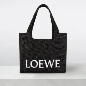 LOEWE PAULAS IBIZA 2024 Logo Font Medium Raffia Tote - Black