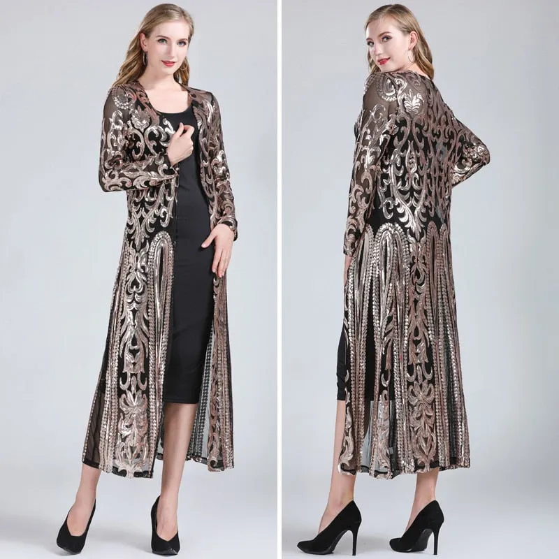 Long Sequin Open Front Mesh Cardigan Embroidery Long Sleeve Blouse Cover Up Coat Evening Prom Party Tops