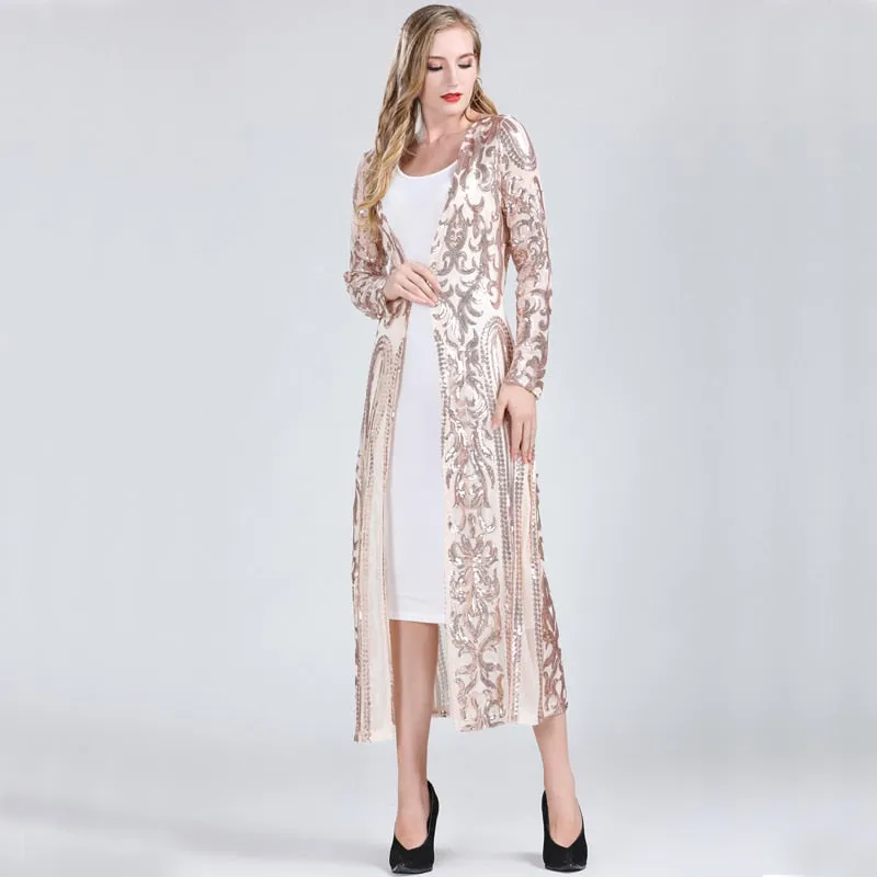 Long Sequin Open Front Mesh Cardigan Embroidery Long Sleeve Blouse Cover Up Coat Evening Prom Party Tops