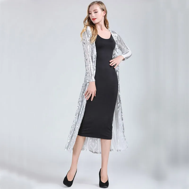 Long Sequin Open Front Mesh Cardigan Embroidery Long Sleeve Blouse Cover Up Coat Evening Prom Party Tops