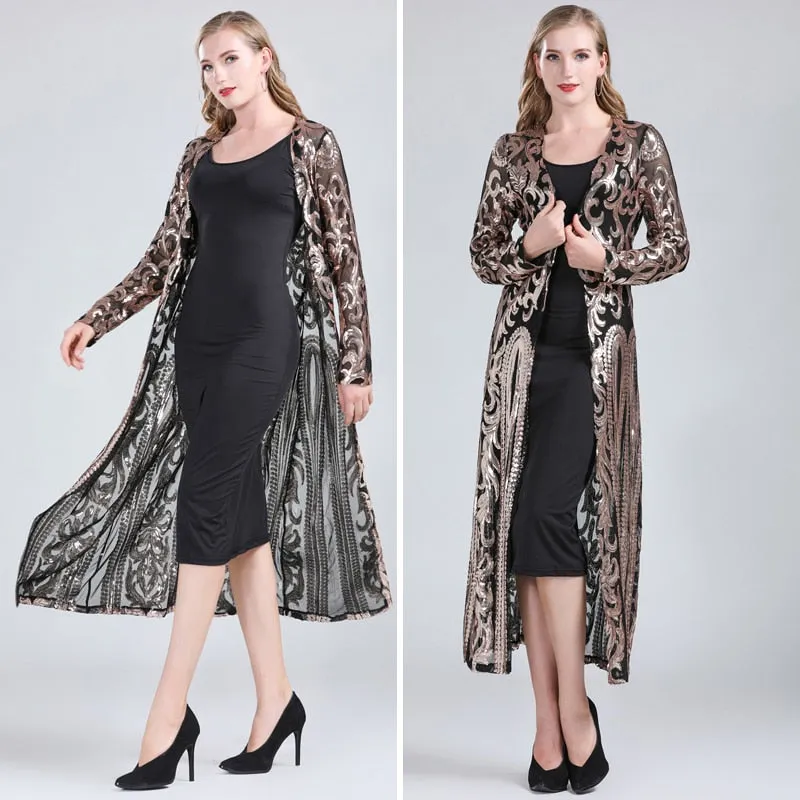 Long Sequin Open Front Mesh Cardigan Embroidery Long Sleeve Blouse Cover Up Coat Evening Prom Party Tops