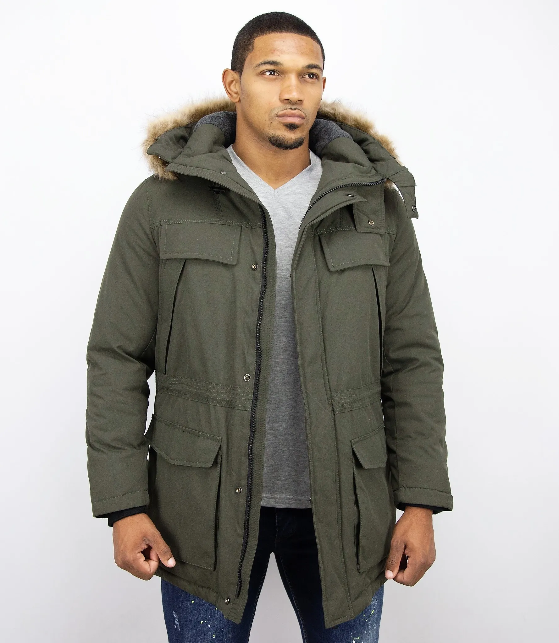 Men Long Winter Coat Parka Green |