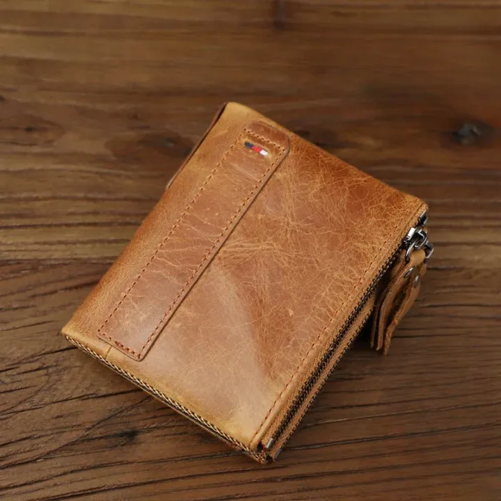 Men's Genuine Leather Bi-fold Card Holder Double Zipper Small Wallet