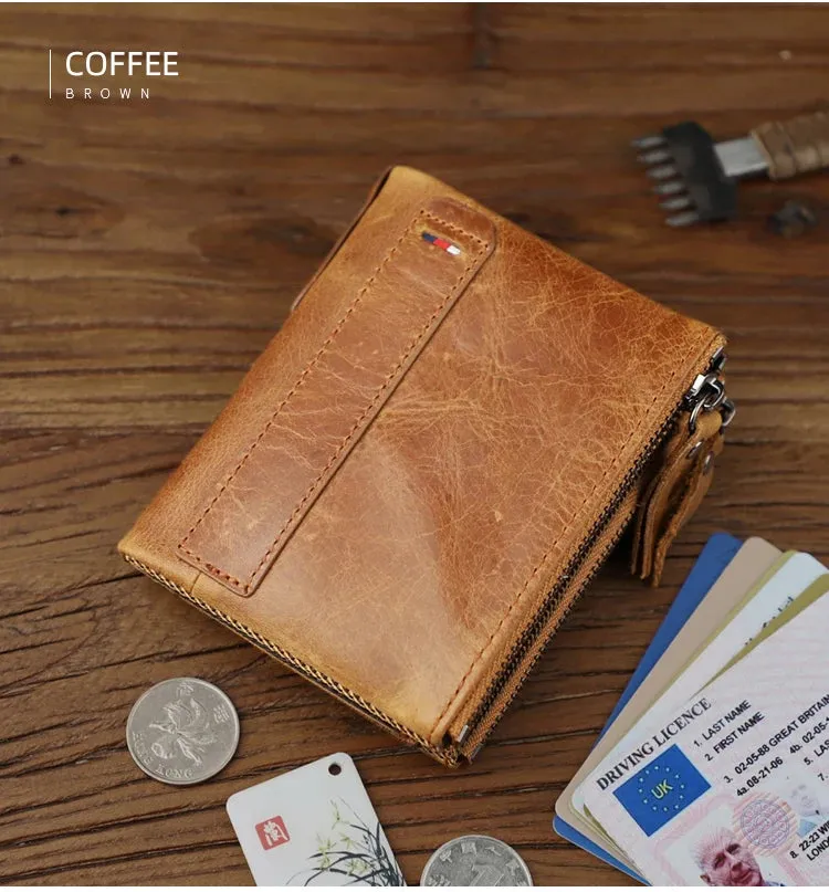 Men's Genuine Leather Bi-fold Card Holder Double Zipper Small Wallet