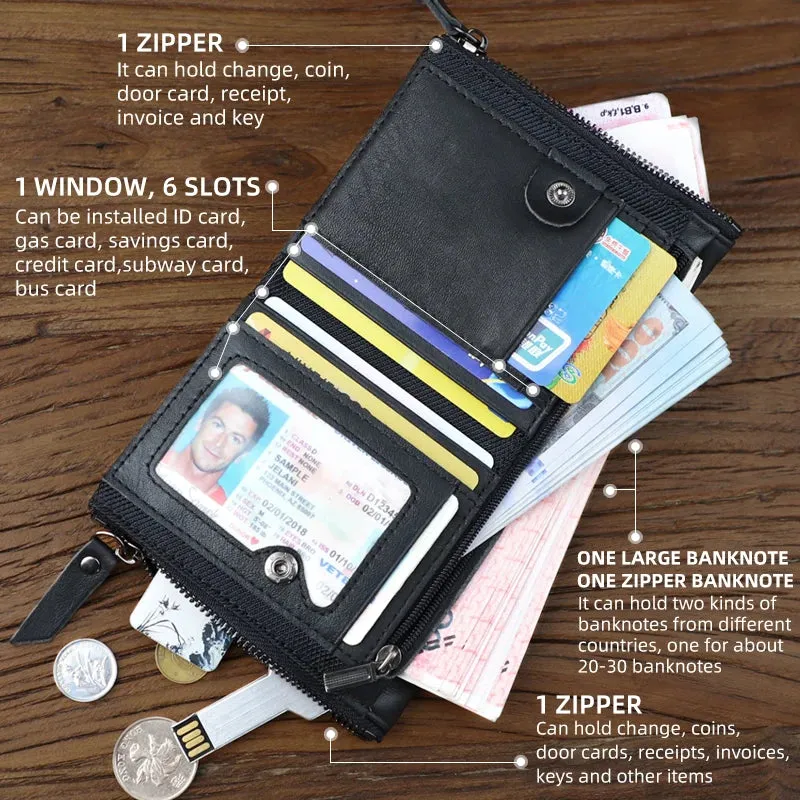 Men's Genuine Leather Bi-fold Card Holder Double Zipper Small Wallet