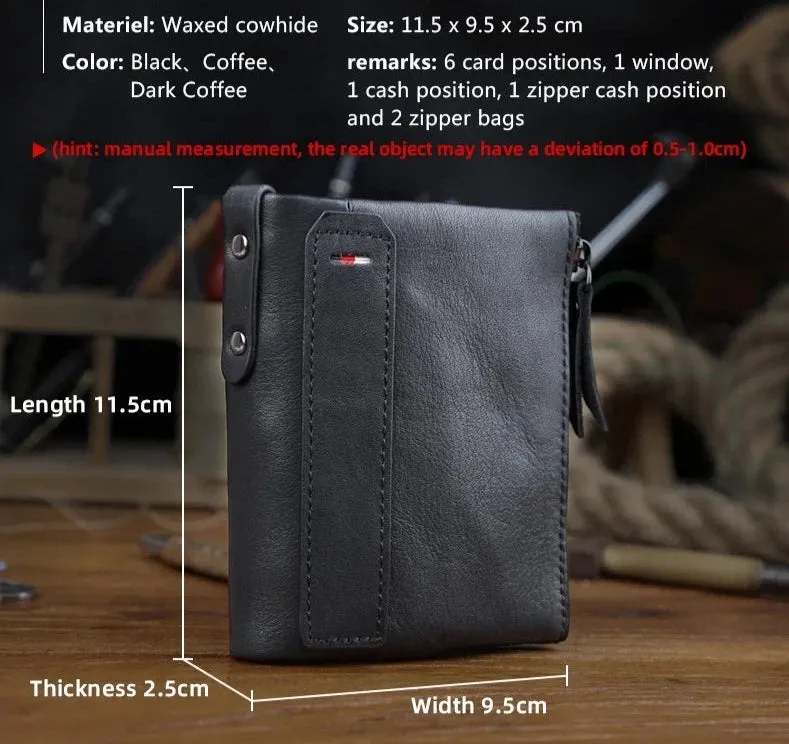 Men's Genuine Leather Bi-fold Card Holder Double Zipper Small Wallet