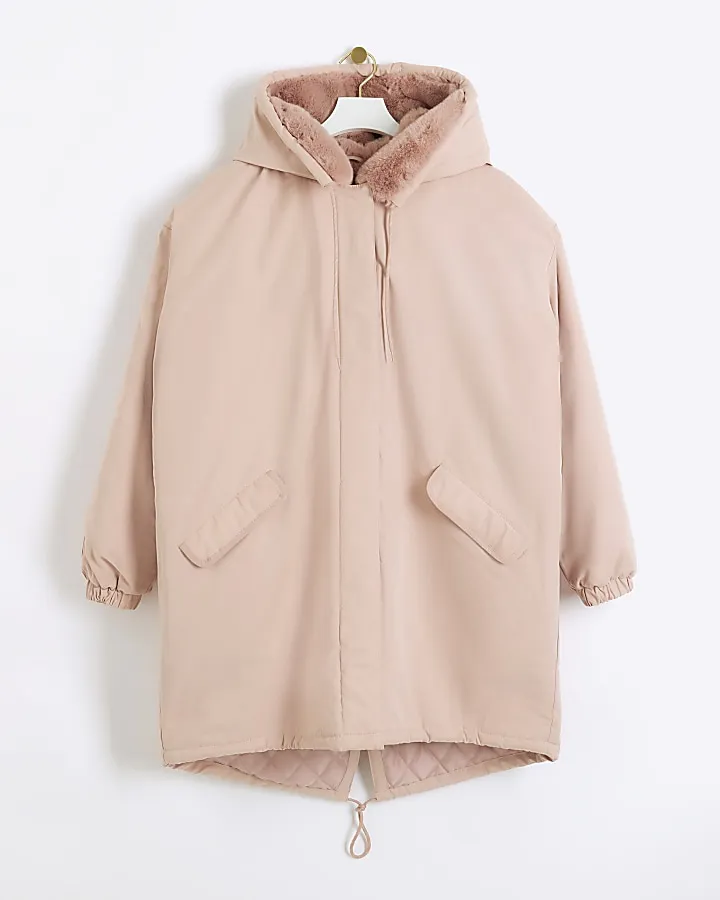 Pink faux fur lining parka coat