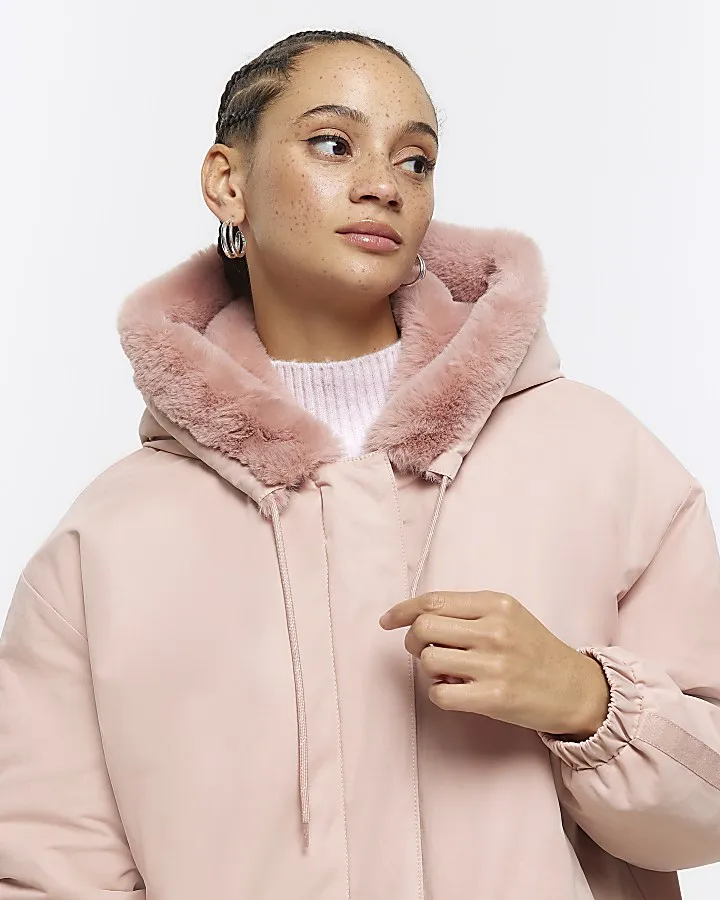 Pink faux fur lining parka coat