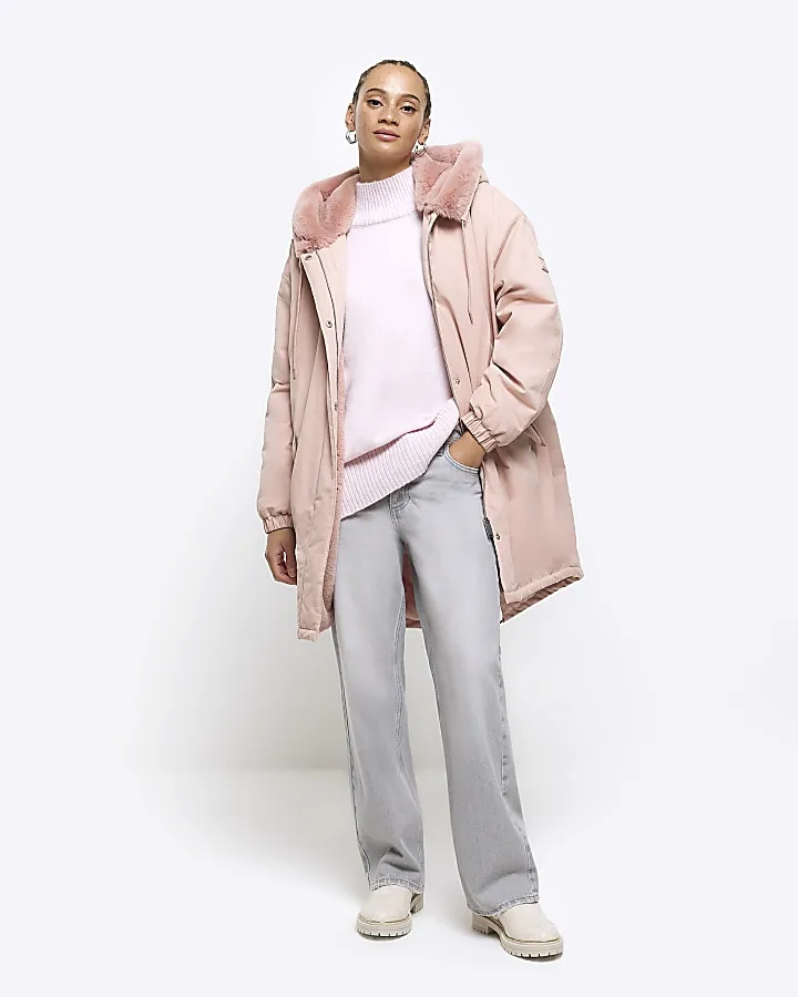 Pink faux fur lining parka coat