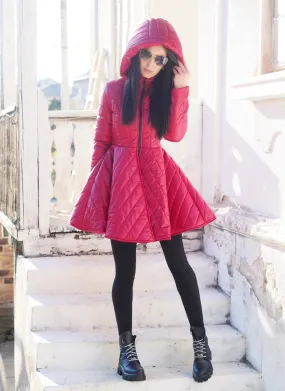 RED QUILTED COAT,EXTRAVAGANT RED PEPLUM JACKET,WINTER QUILTED COAT,AVANGARDE RED QUILTED JACKET