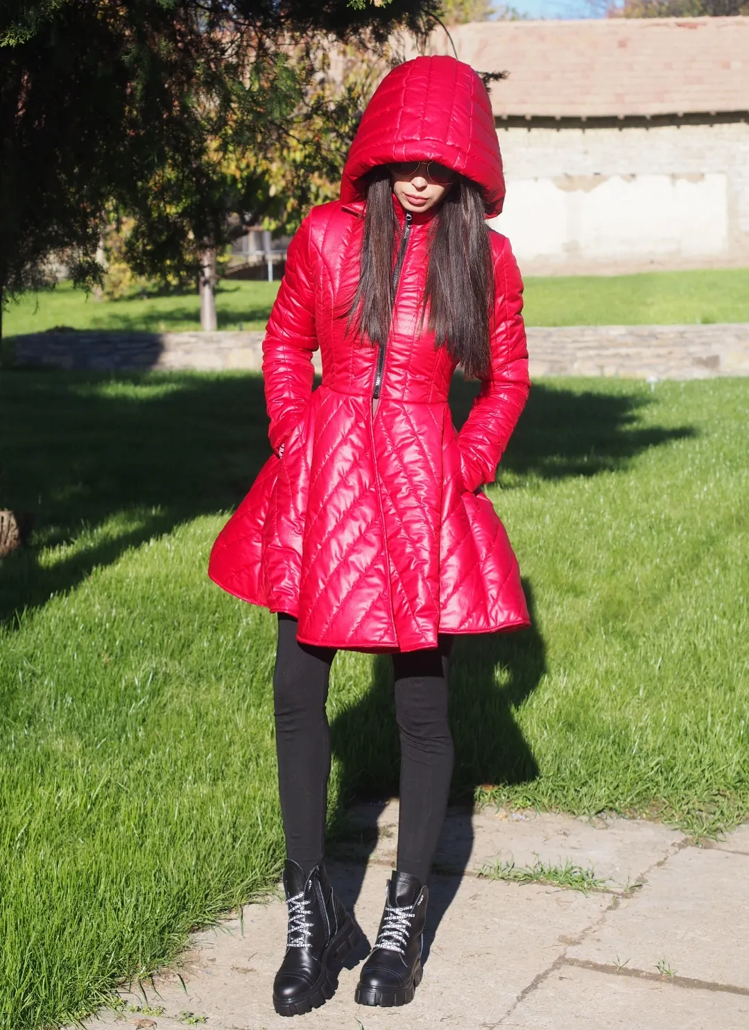 RED QUILTED COAT,EXTRAVAGANT RED PEPLUM JACKET,WINTER QUILTED COAT,AVANGARDE RED QUILTED JACKET