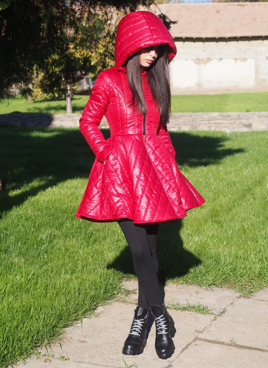 RED QUILTED COAT,EXTRAVAGANT RED PEPLUM JACKET,WINTER QUILTED COAT,AVANGARDE RED QUILTED JACKET