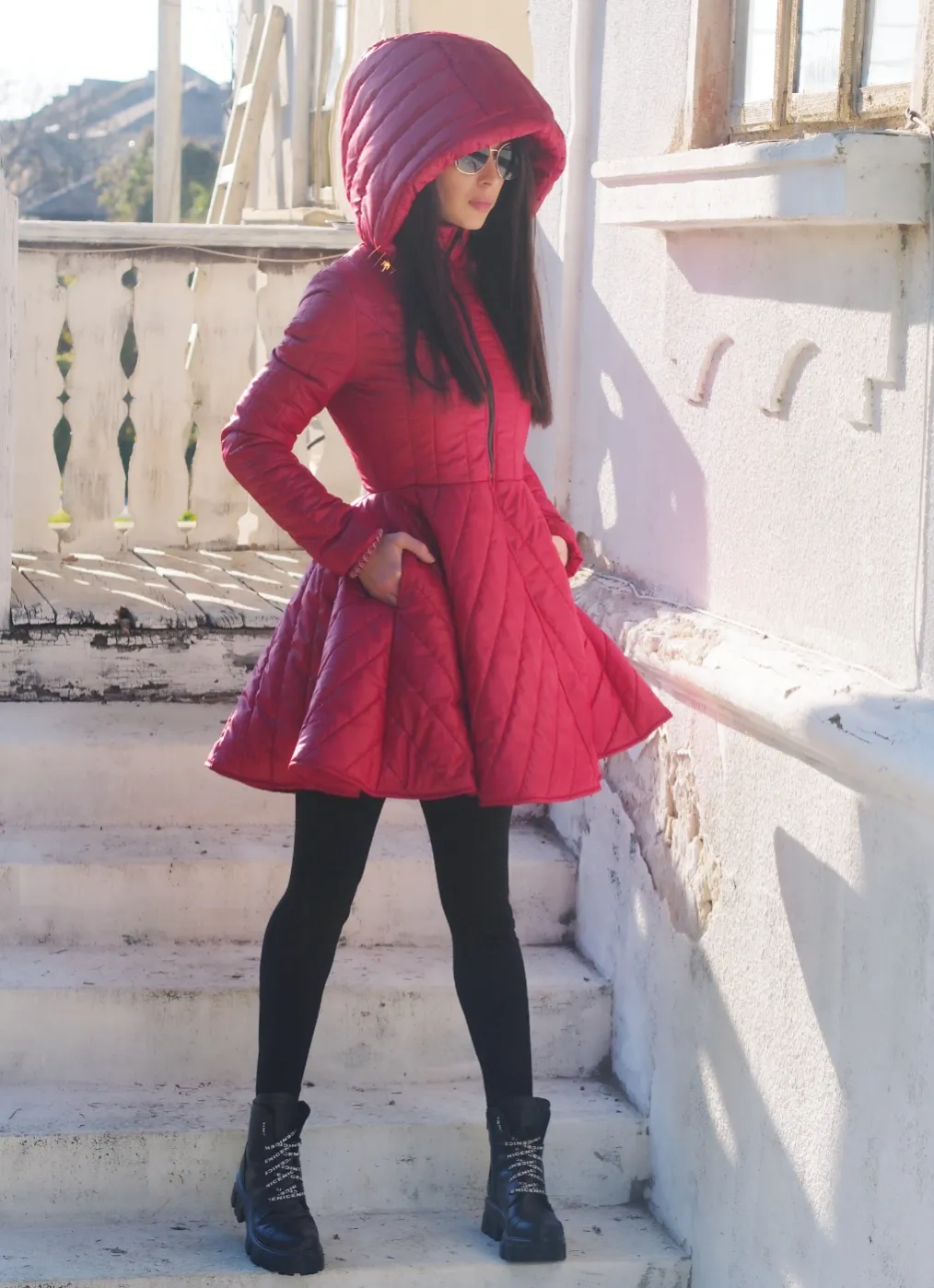 RED QUILTED COAT,EXTRAVAGANT RED PEPLUM JACKET,WINTER QUILTED COAT,AVANGARDE RED QUILTED JACKET