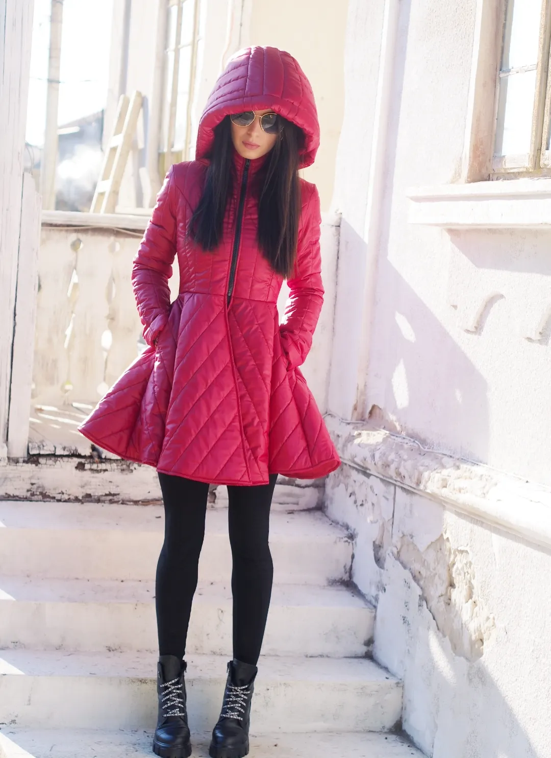 RED QUILTED COAT,EXTRAVAGANT RED PEPLUM JACKET,WINTER QUILTED COAT,AVANGARDE RED QUILTED JACKET