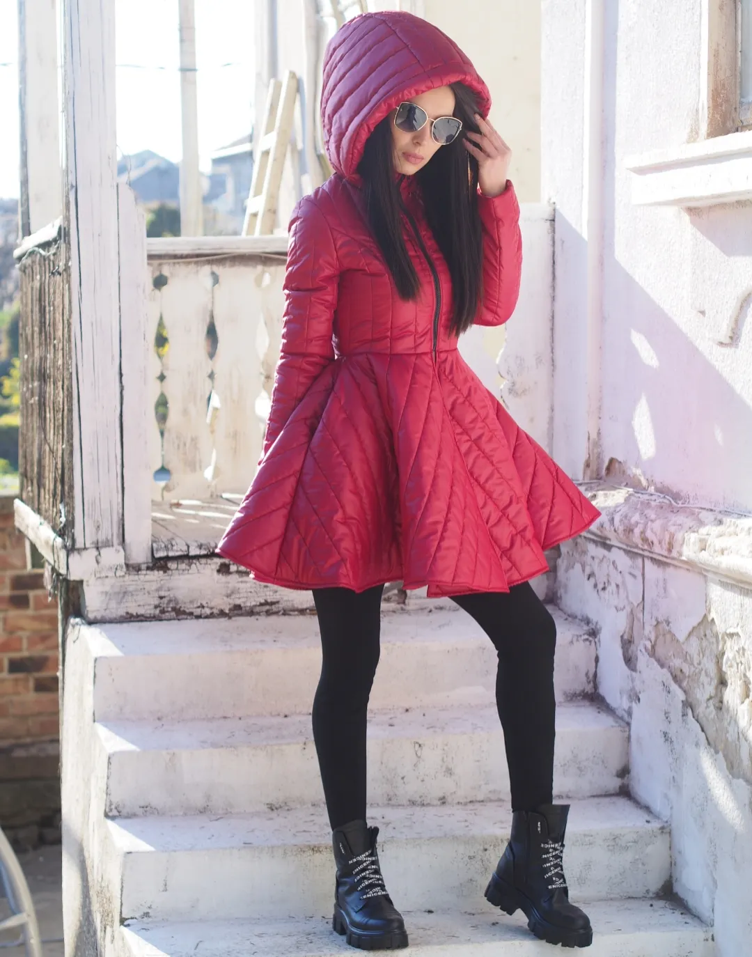 RED QUILTED COAT,EXTRAVAGANT RED PEPLUM JACKET,WINTER QUILTED COAT,AVANGARDE RED QUILTED JACKET