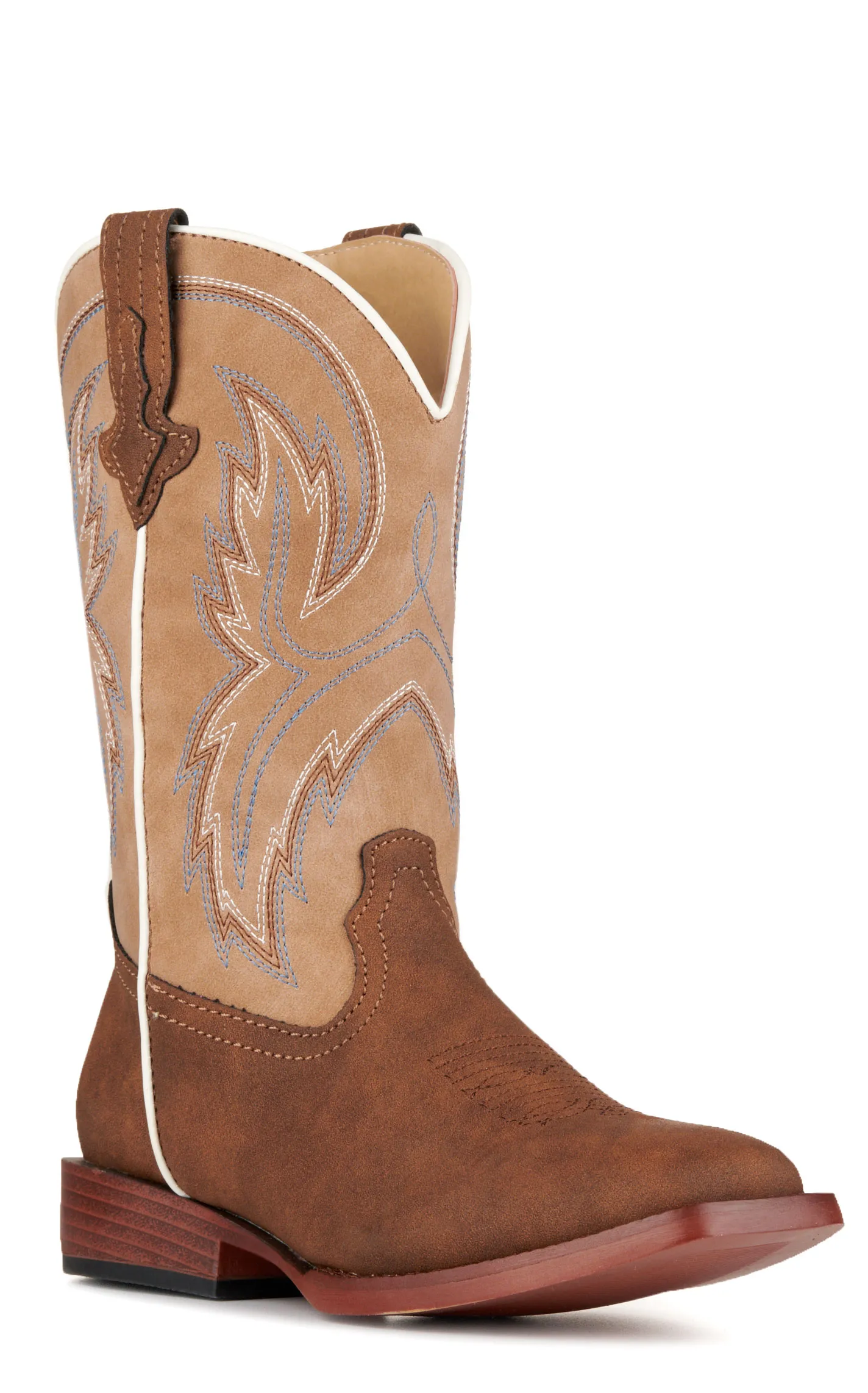 Roper Youth Eastwood Brown and Tan Faux Leather Square Toe Cowboy Boots