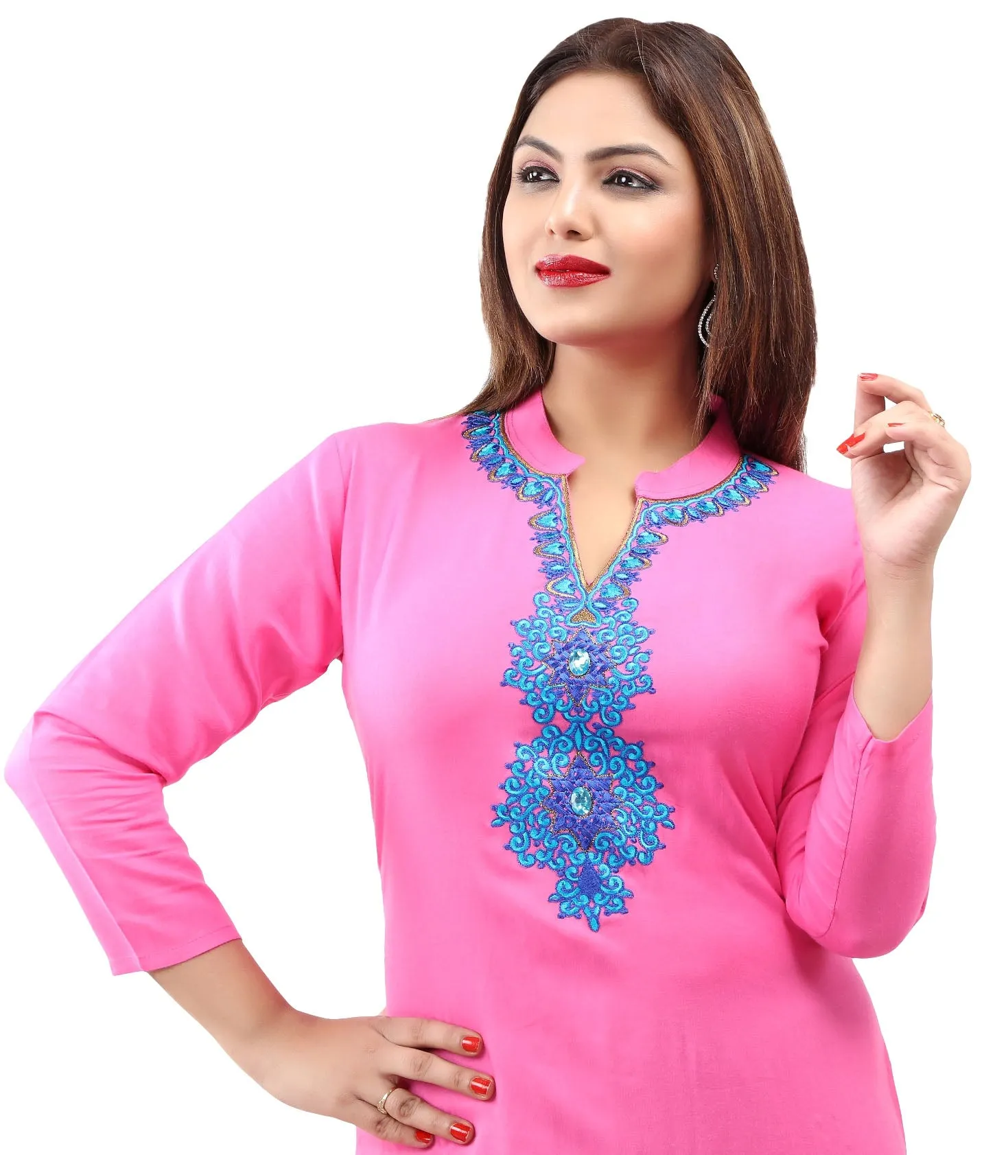 Short Kurti Women's Blouse Embroidered Indian Clothing (Pink)