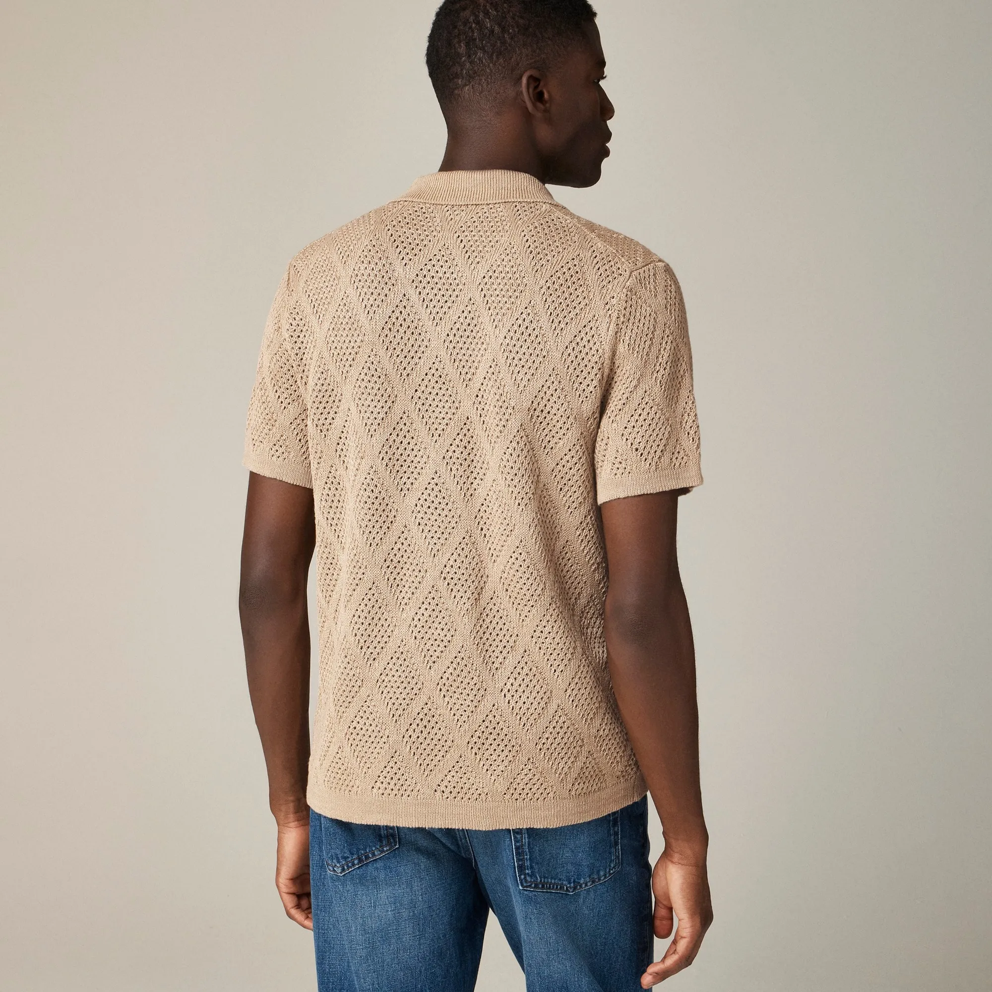 Short-sleeve linen diamond-stitch sweater-polo