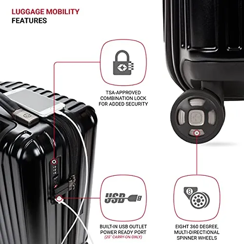SwissGear 7910 Hardside Expandable Spinner Wheel Luggage with TSA Lock and USB, Black, Carry-On 20-Inch