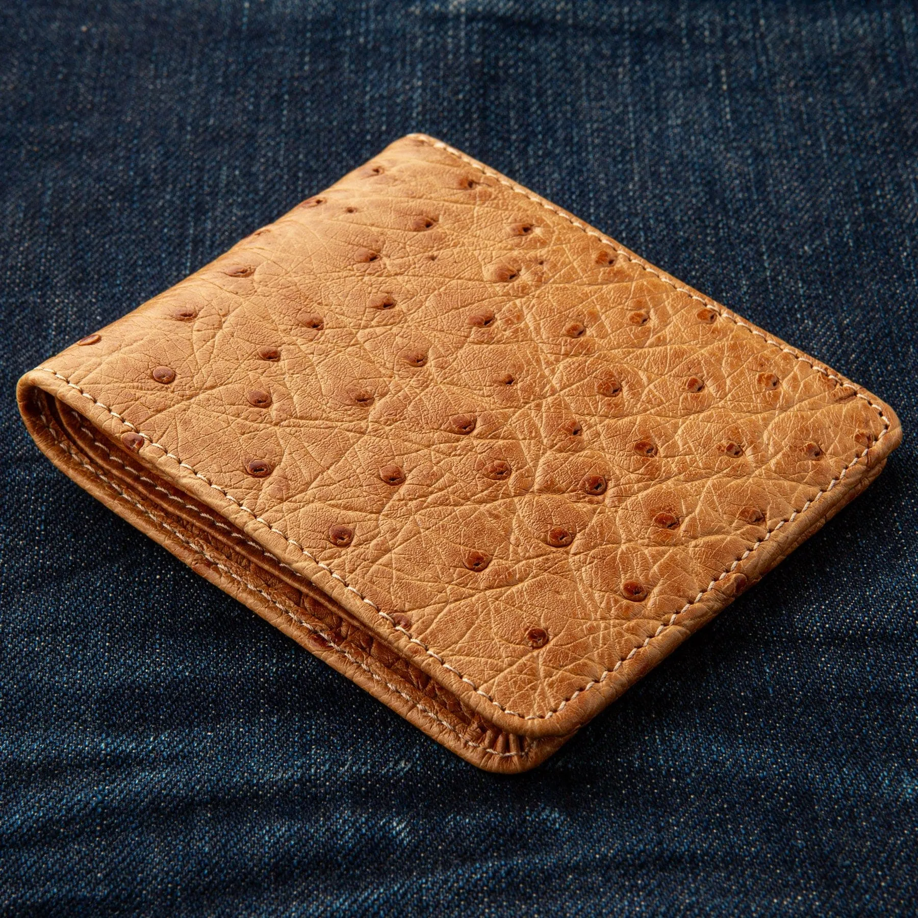 Tan Brown Genuine Ostrich Skin Leather Bifold Wallet