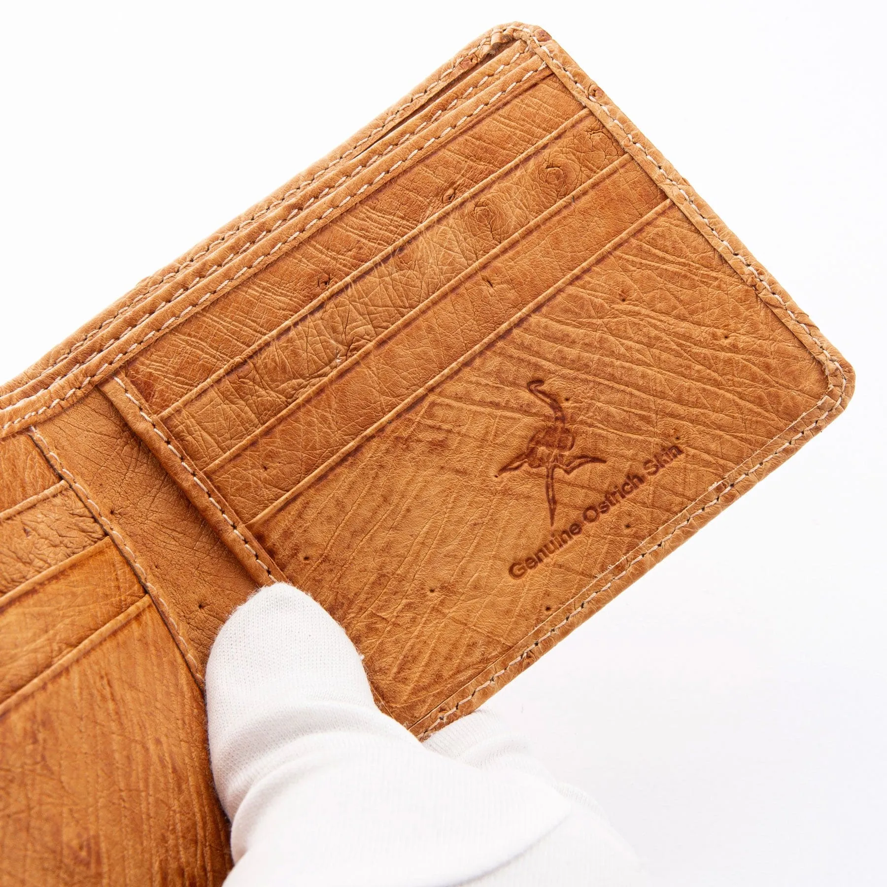 Tan Brown Genuine Ostrich Skin Leather Bifold Wallet