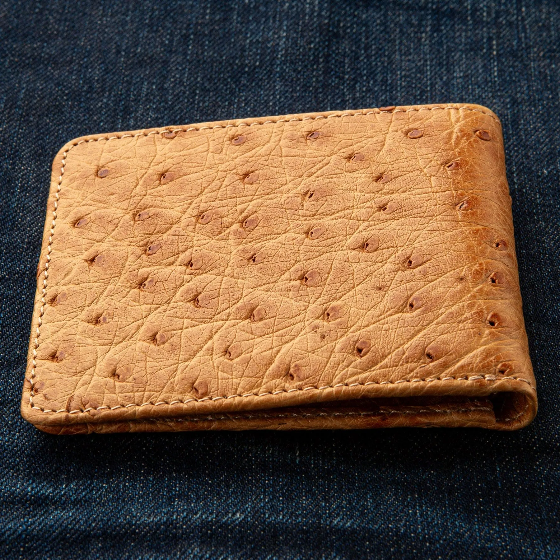 Tan Brown Genuine Ostrich Skin Leather Bifold Wallet